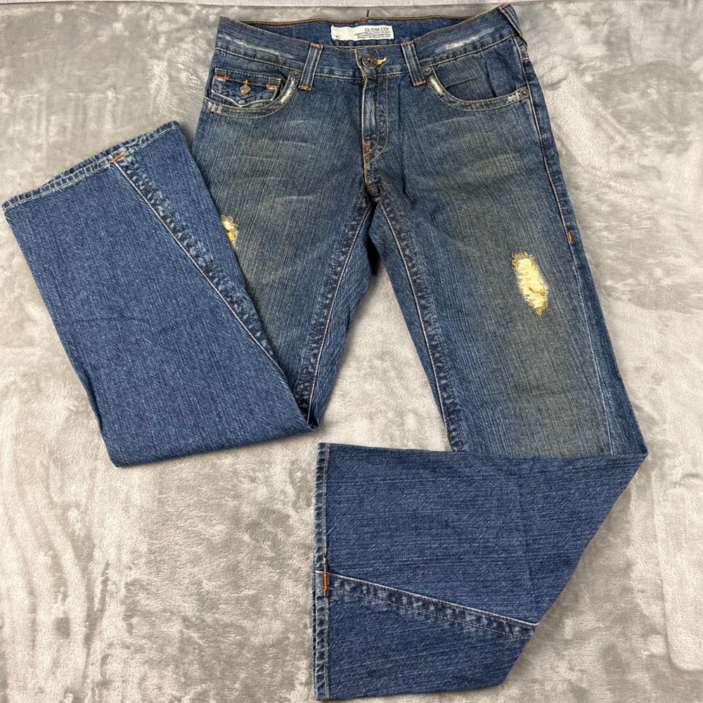 Guess Jeans Womens 31 Bootcut Blue Distressed Low Rise Flap Pocket EUC